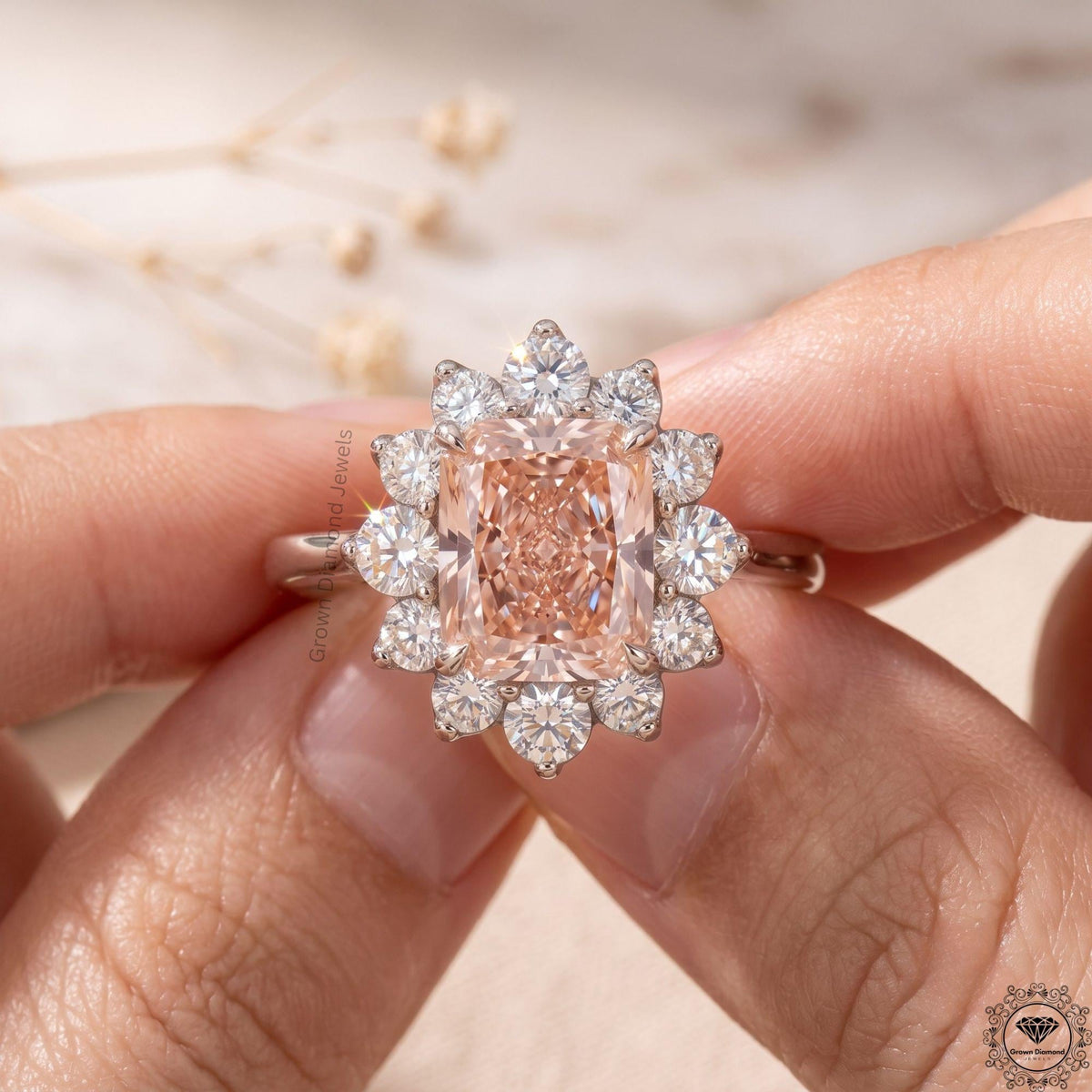3CT Pink Lab Diamond Elongated Cushion Engagement Ring 18k