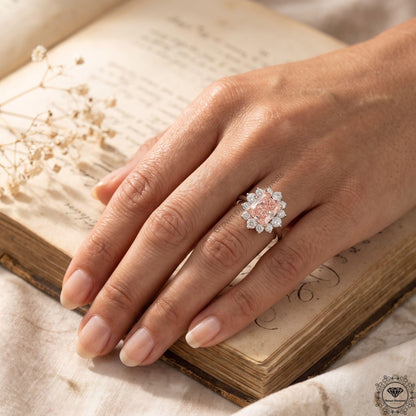 3CT Pink Lab Diamond Elongated Cushion Engagement Ring 18k
