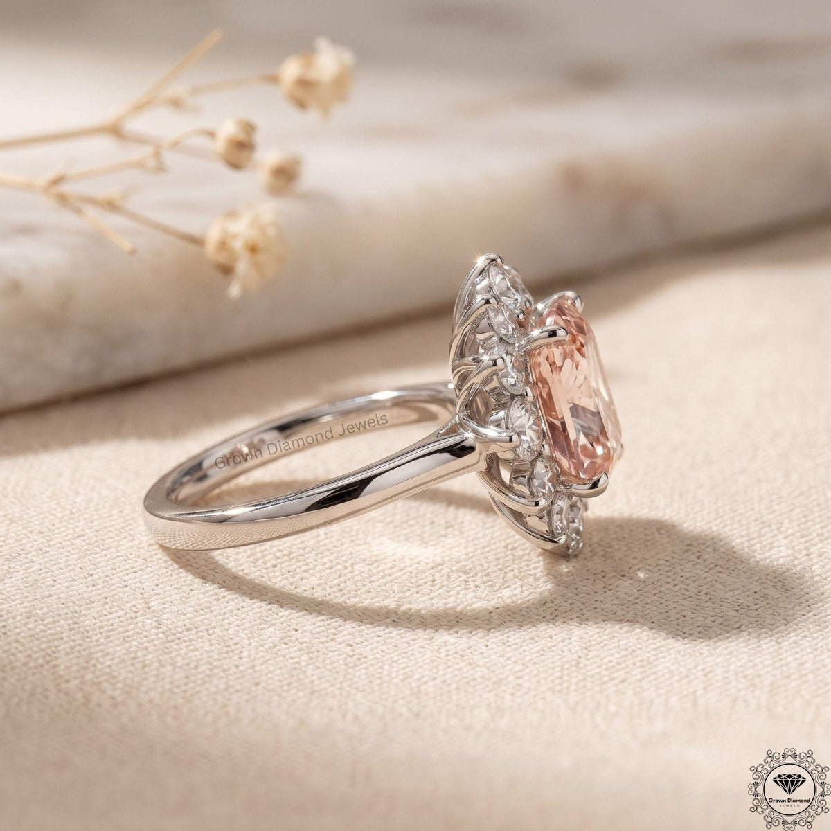 3CT Pink Lab Diamond Elongated Cushion Engagement Ring 18k