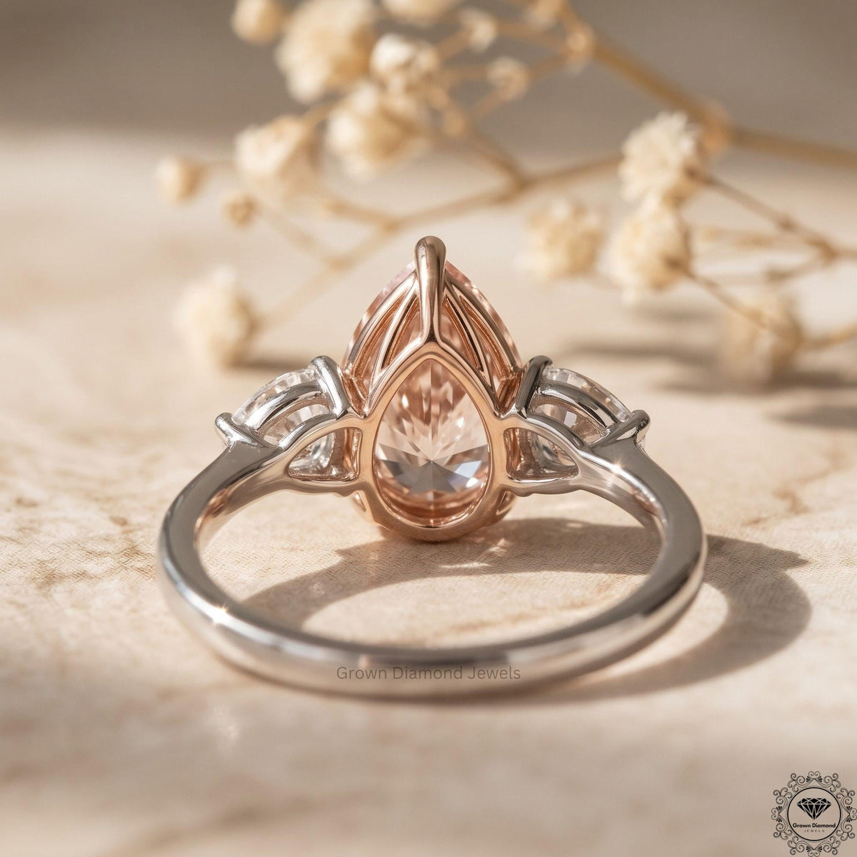 Pear Cut Fancy Intense Pink Lab Grown Diamond 3 Stone Ring