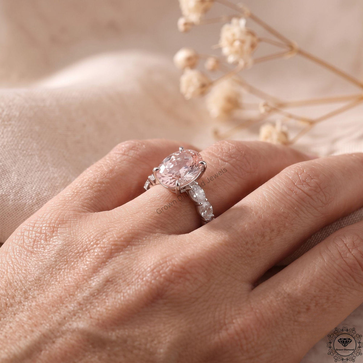 3CT Pink Oval Lab Grown Diamond Engagement Ring,14k Gold
