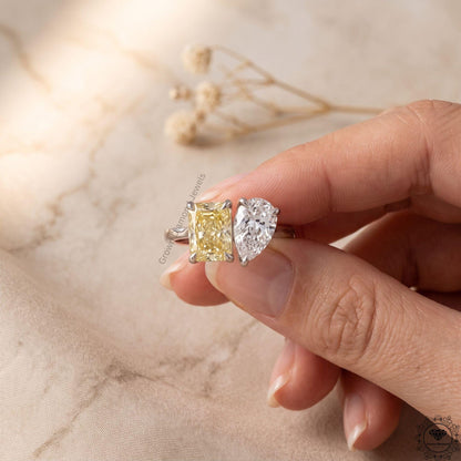 3.5CT Yellow Pear Radiant Lab Diamond Toi et Moi Ring 18k Gold