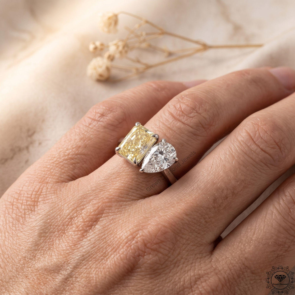 3.5CT Yellow Pear Radiant Lab Diamond Toi et Moi Ring 18k Gold