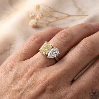 3.5CT Yellow Pear Radiant Lab Diamond Toi et Moi Ring 18k Gold