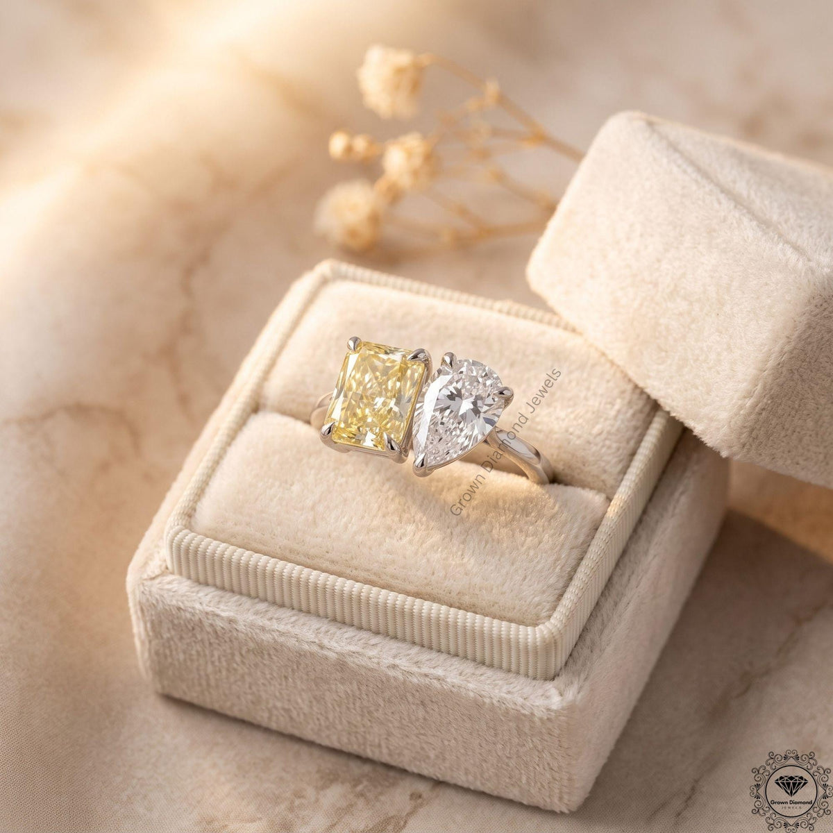 3.5CT Yellow Pear Radiant Lab Diamond Toi et Moi Ring 18k Gold