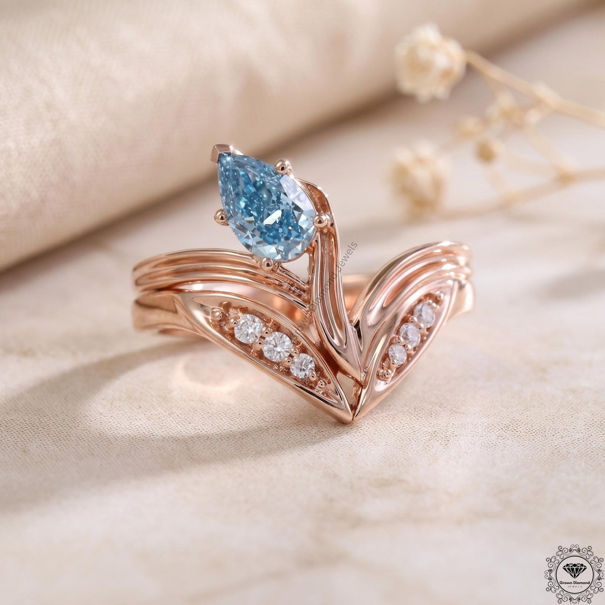 Blue Lab Diamond Art Deco Pear Engagement Ring 14K Gold