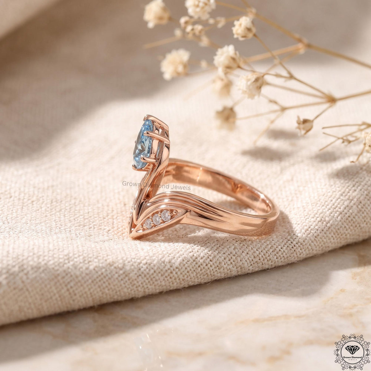 Blue Lab Diamond Art Deco Pear Engagement Ring 14K Gold