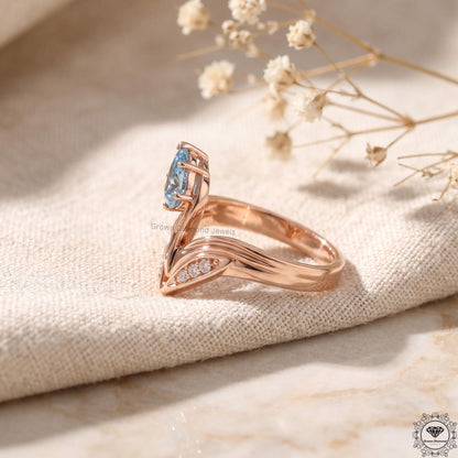 Blue Lab Diamond Art Deco Pear Engagement Ring 14K Gold