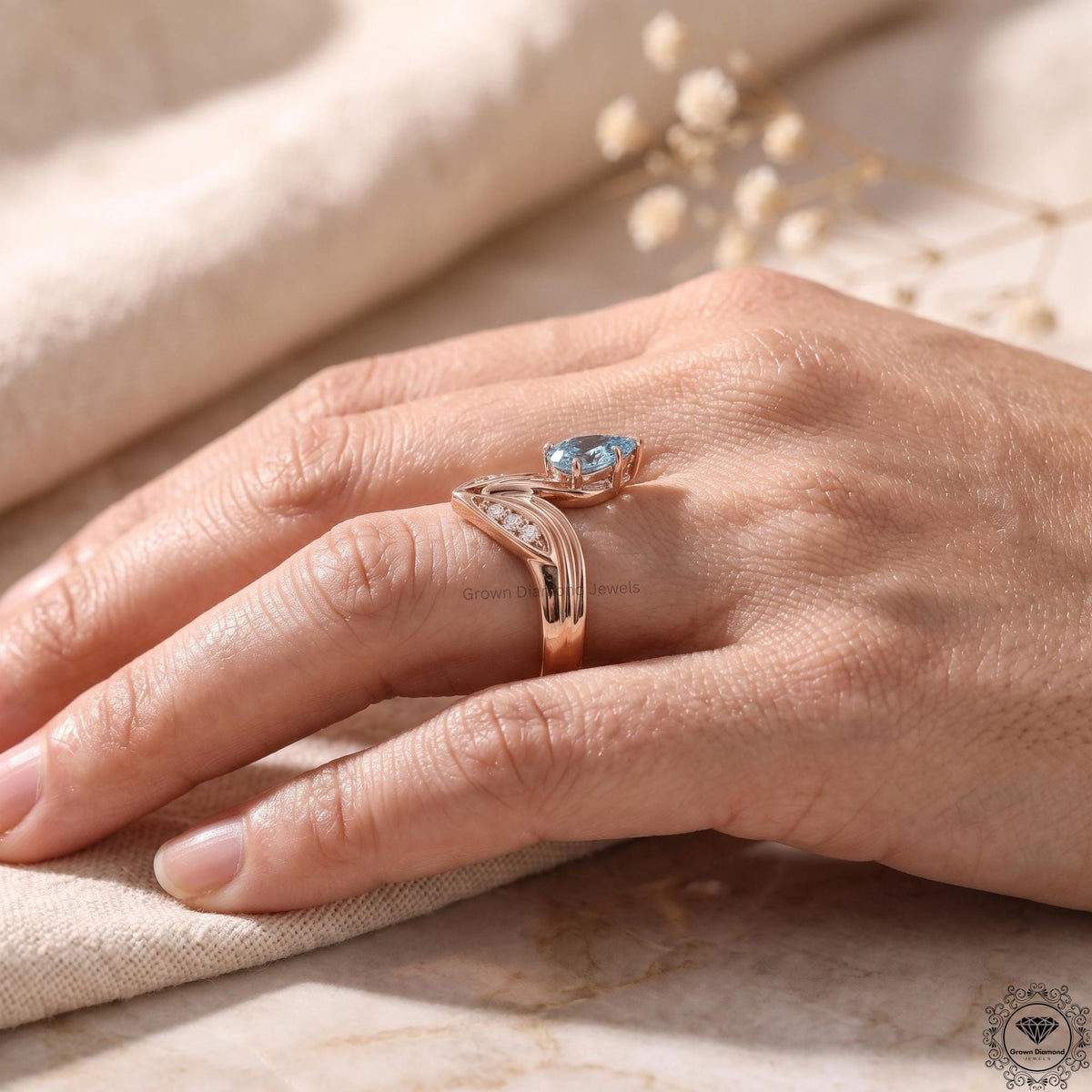 Blue Lab Diamond Art Deco Pear Engagement Ring 14K Gold