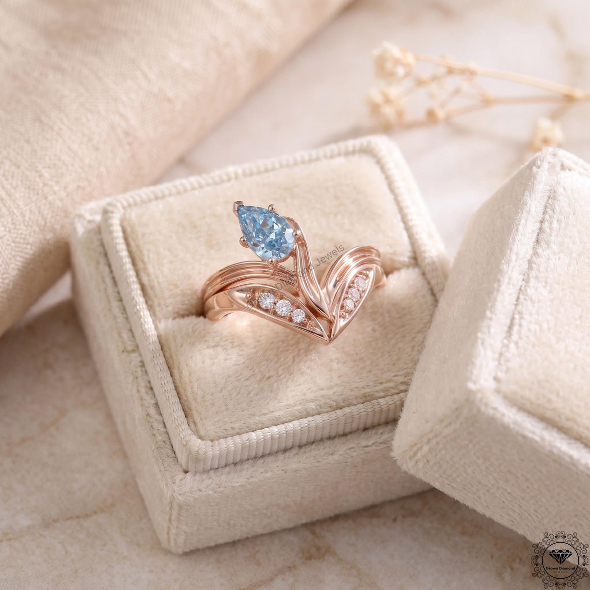 Blue Lab Diamond Art Deco Pear Engagement Ring 14K Gold