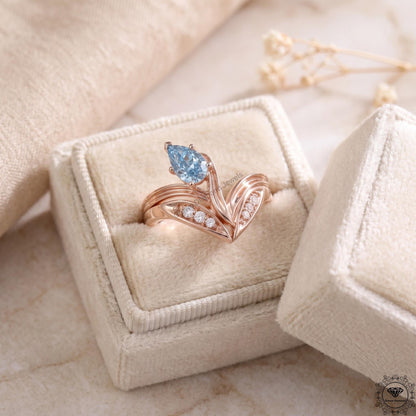 Blue Lab Diamond Art Deco Pear Engagement Ring 14K Gold