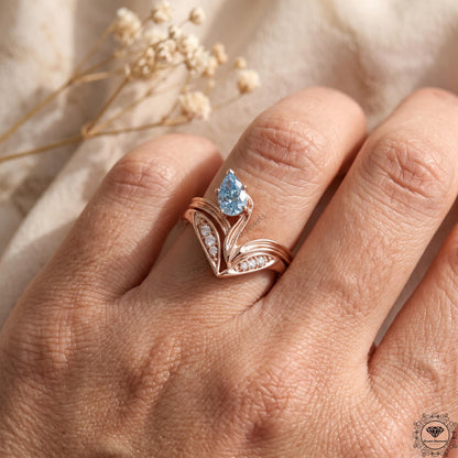 Blue Lab Diamond Art Deco Pear Engagement Ring 14K Gold