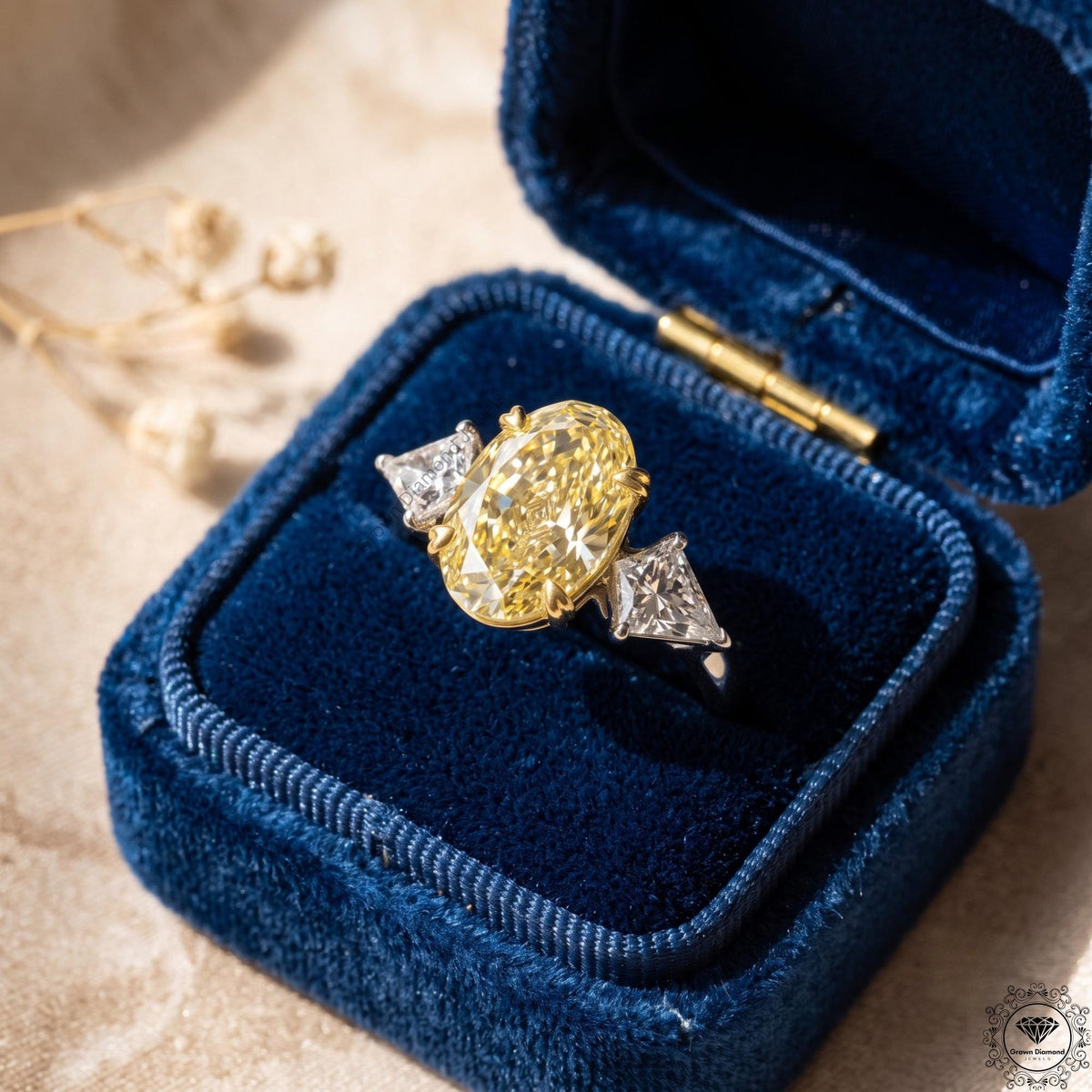 Intense Yellow Oval Lab Grown Diamond 3 Stone Engagement Ring