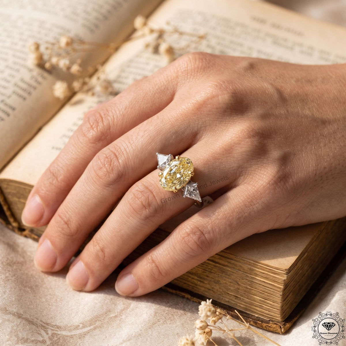 Intense Yellow Oval Lab Grown Diamond 3 Stone Engagement Ring