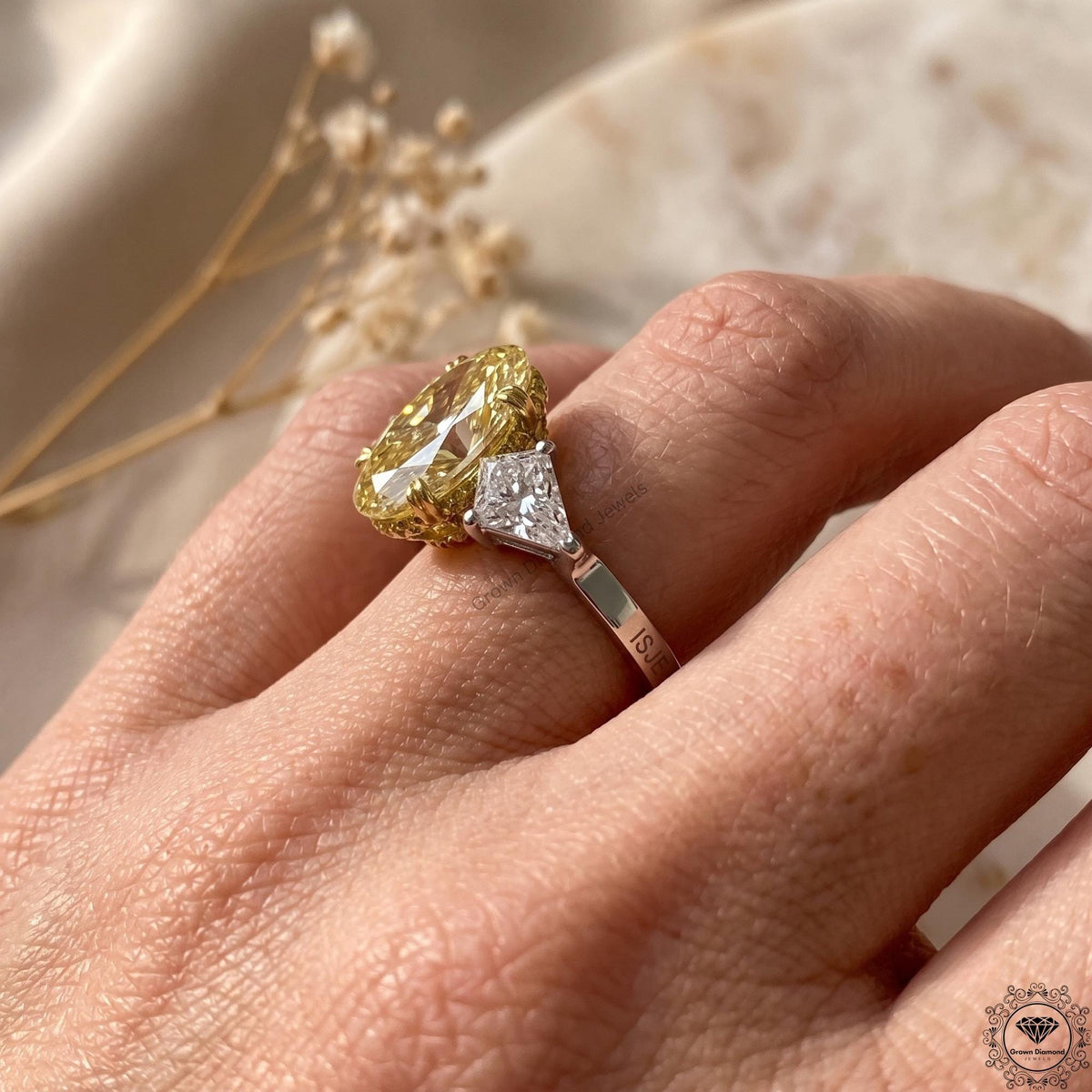 Intense Yellow Oval Lab Grown Diamond 3 Stone Engagement Ring