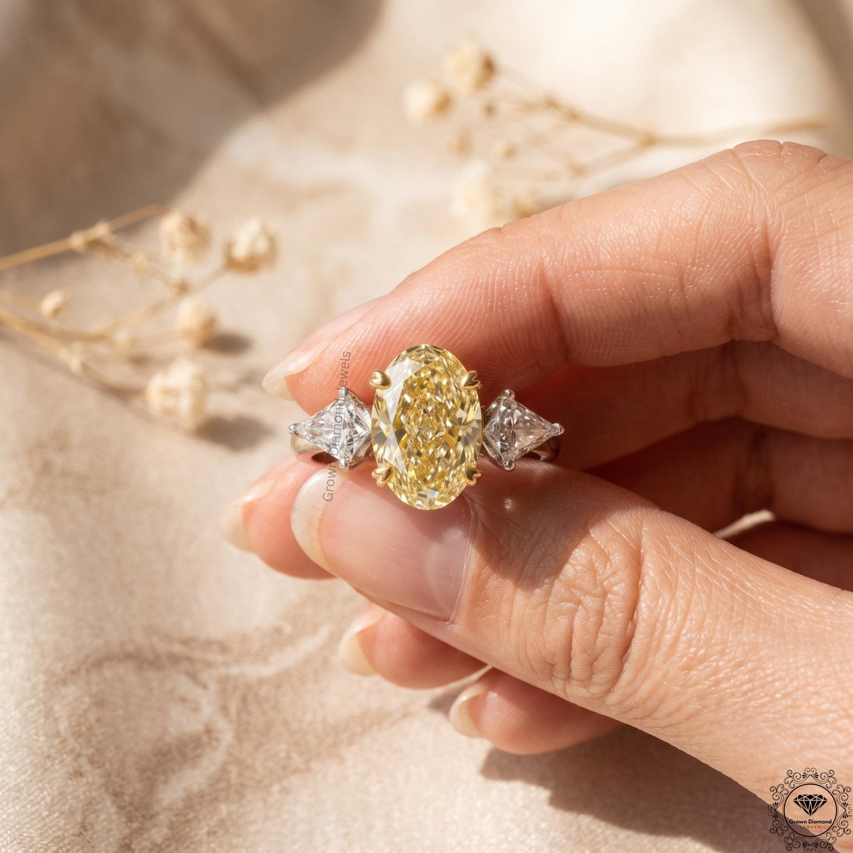 Intense Yellow Oval Lab Grown Diamond 3 Stone Engagement Ring