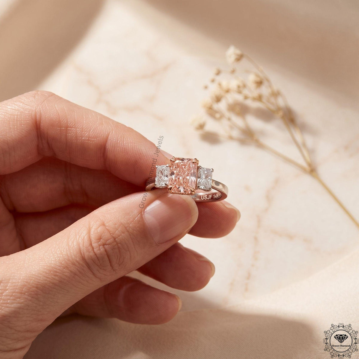 Radiant Cut Pink Lab Grown Diamond 3 Stone Anniversary Ring