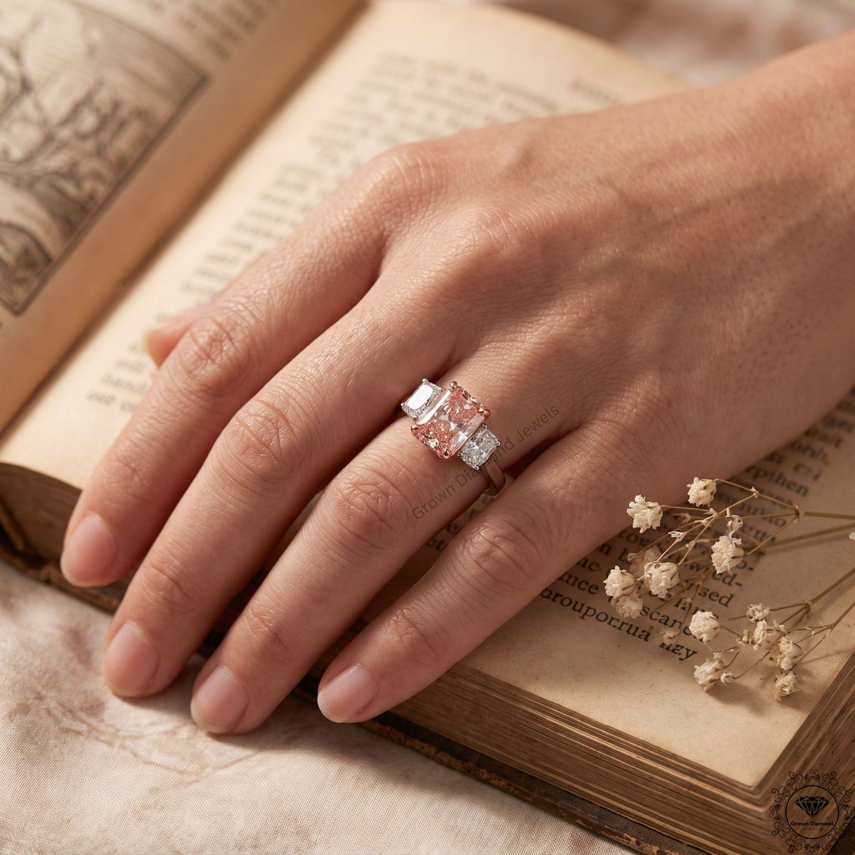 Radiant Cut Pink Lab Grown Diamond 3 Stone Anniversary Ring