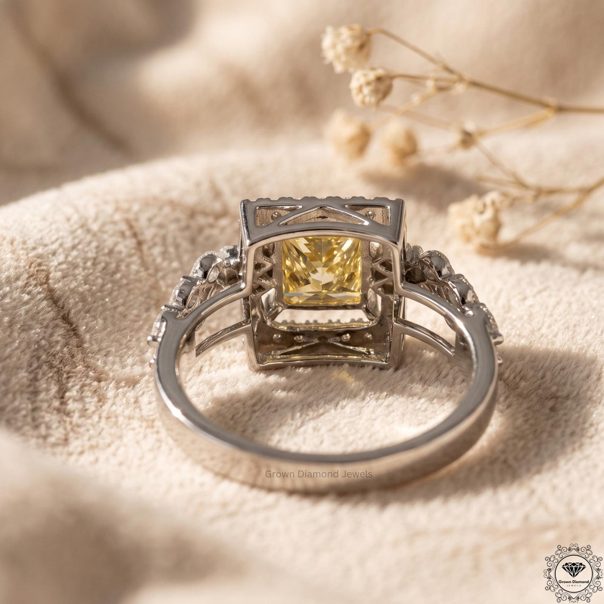 2.10CT Fancy Yellow Princess Cut Lab Grown Diamond Halo Ring
