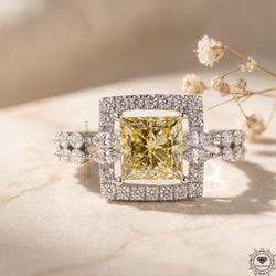 2.10CT Fancy Yellow Princess Cut Lab Grown Diamond Halo Ring