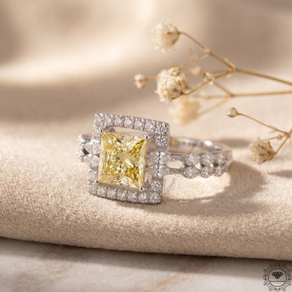 2.10CT Fancy Yellow Princess Cut Lab Grown Diamond Halo Ring