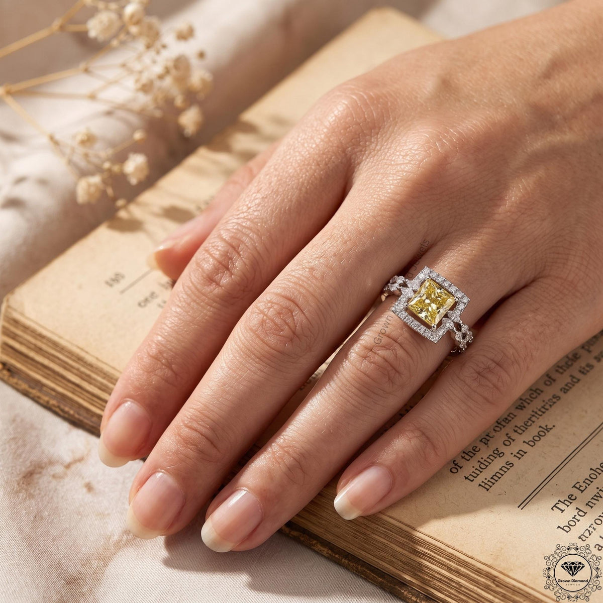 2.10CT Fancy Yellow Princess Cut Lab Grown Diamond Halo Ring