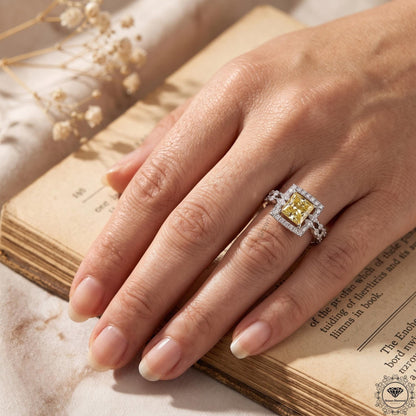2.10CT Fancy Yellow Princess Cut Lab Grown Diamond Halo Ring