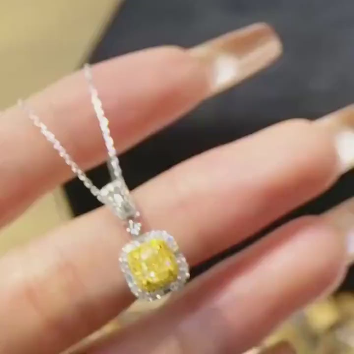 14k white gold Cushion cut Intense yellow Lab Grown diamond Quality Hallo pendant necklace