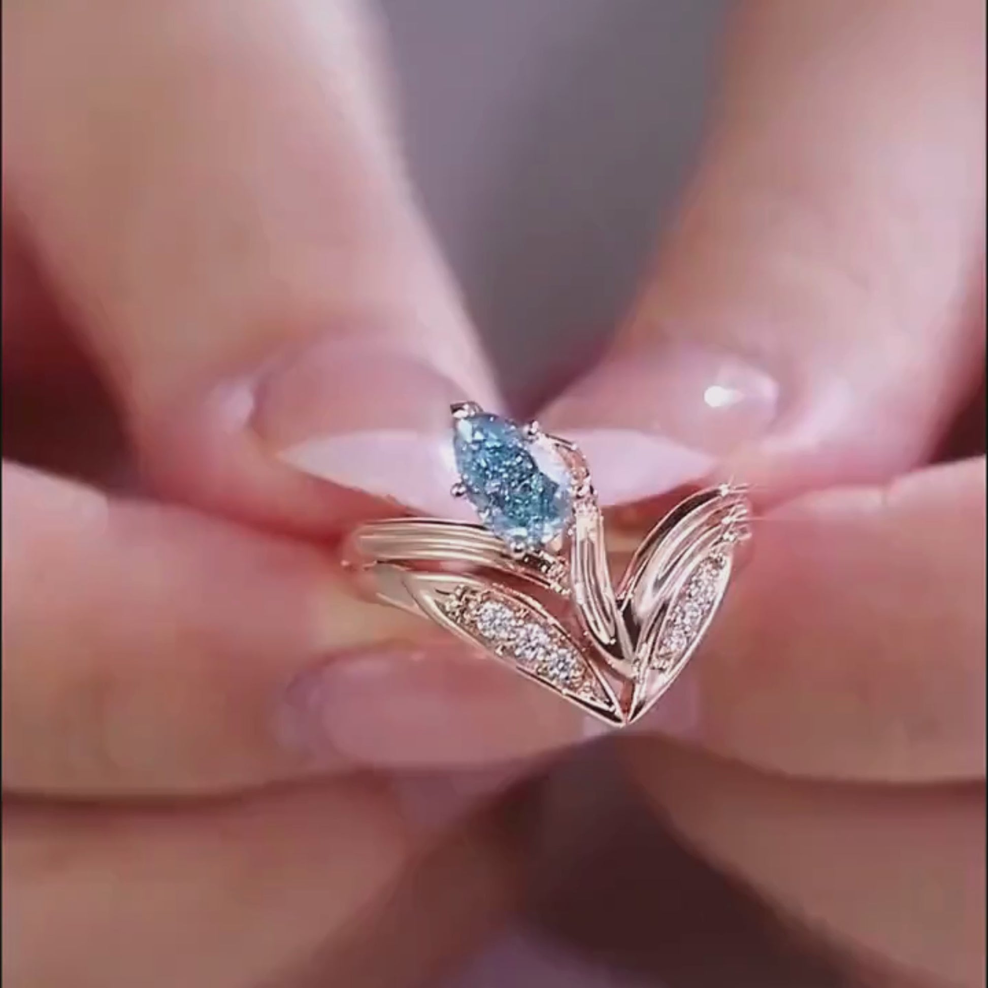 14K Solid Gold  Art Deco Pear Vivid Blue Lab Grown Diamond Engagement Ring Antique Wedding Gifts For Her