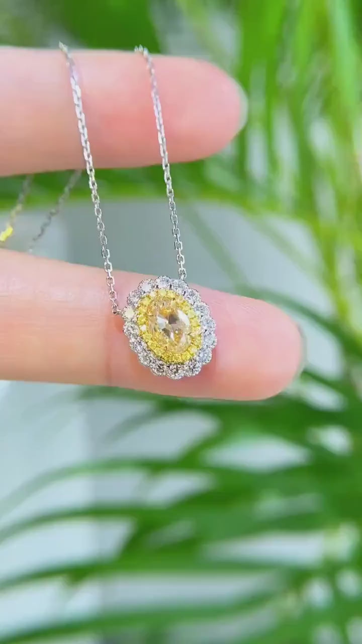 14kt white gold Oval Cut Intense yellow Lab Grown diamond Halo Quality pendant Necklace