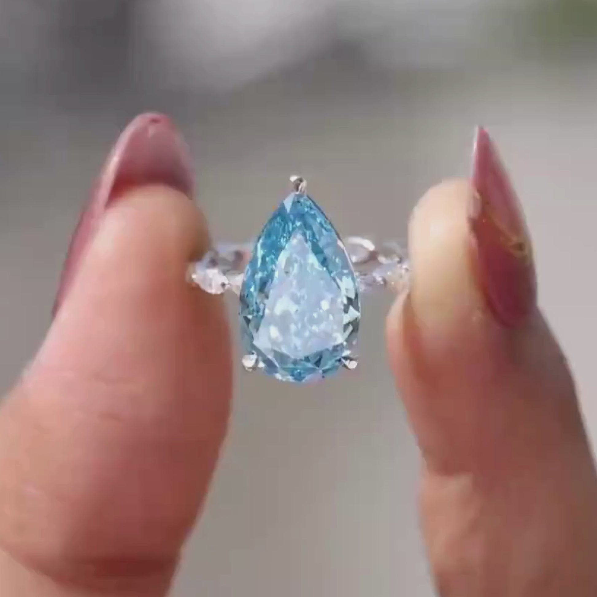 5.65 CT Pear Cut Vivid Blue Lab Grown Diamond Engagement Ring Side Marquise Cut Diamond Wedding Band Best Gift for Her