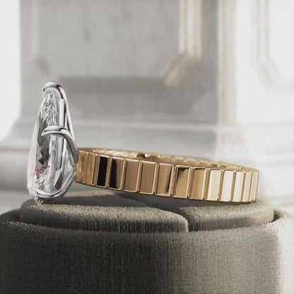 5 Carat Pear Shape Lab Grown Diamond Solitaire Engagement Ring Cigar Band Wedding Ring Thick Wide Band Pear Cut Diamond Unique Two Tone Ring