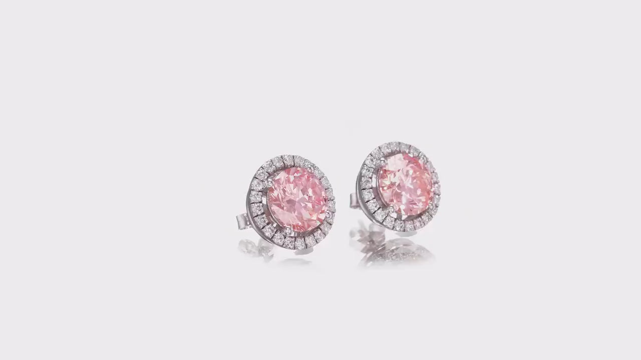 IGI Certified 4 carat Fancy Intense Pink Color VS1 clarity Round Cut Lab Diamond Halo Set Pushback Stud Earrings