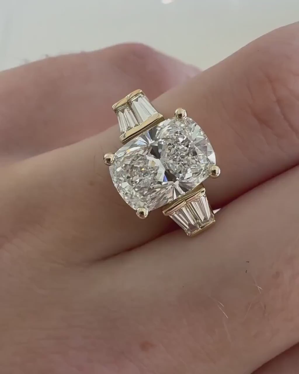 Three Stone Lab Grown Diamond Engagement Ring 3CT Elongated Cushion Cut, Baguette Side Stone Wedding Anniversary Ring Gifts For Her