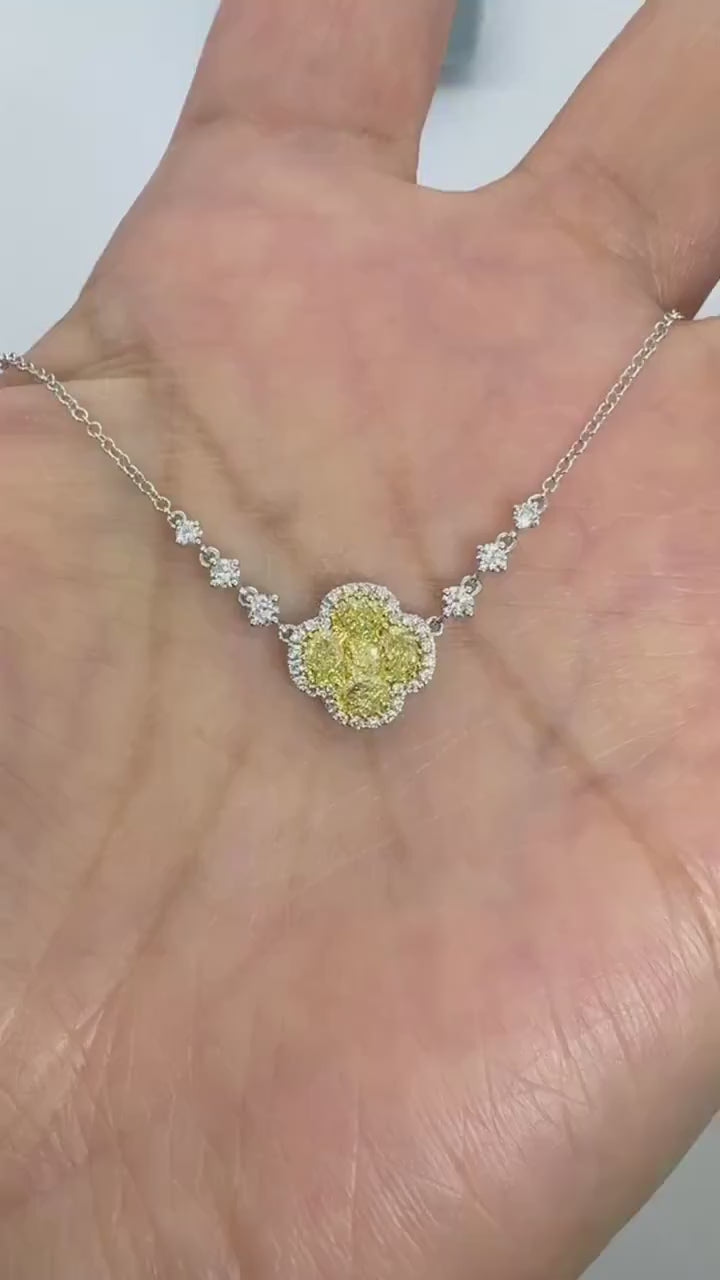 14K White Gold Fancy Yellow Lab Grown Diamond Flower  Pendant Necklace
