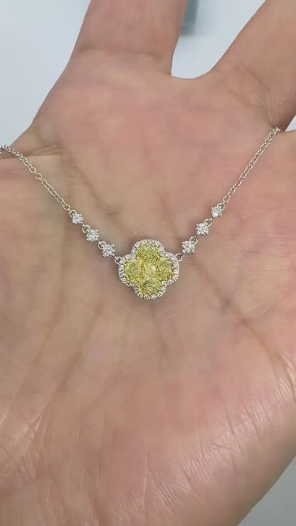 14K White Gold Fancy Yellow Lab Grown Diamond Flower  Pendant Necklace