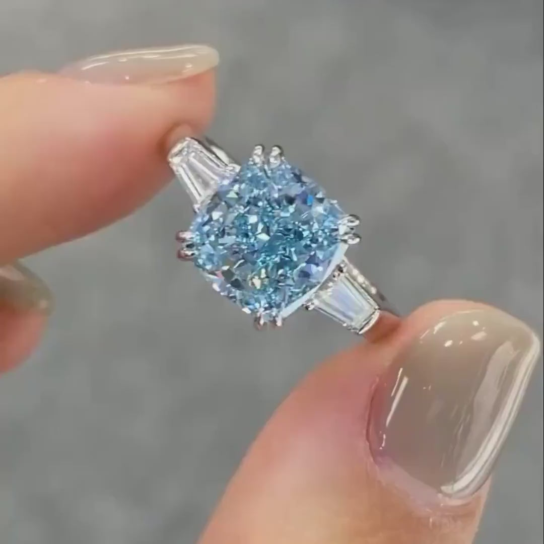 Fancy Intense Blue Cushion Cut 3.50 TCW Lab Grown Diamond Three Stone Engagement Ring 14KT Solid Gold Women's Wedding Anniversary Ring