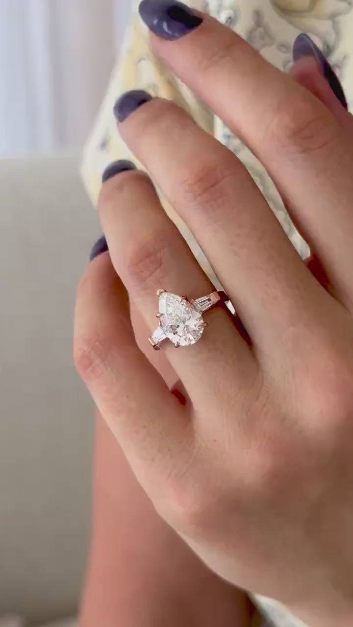 3 Carat solitaire Pear Cut Lab Grown Diamond Engagement Ring 14K Rose Gold Pear and Baguette Three Stone Wedding Anniversary Ring