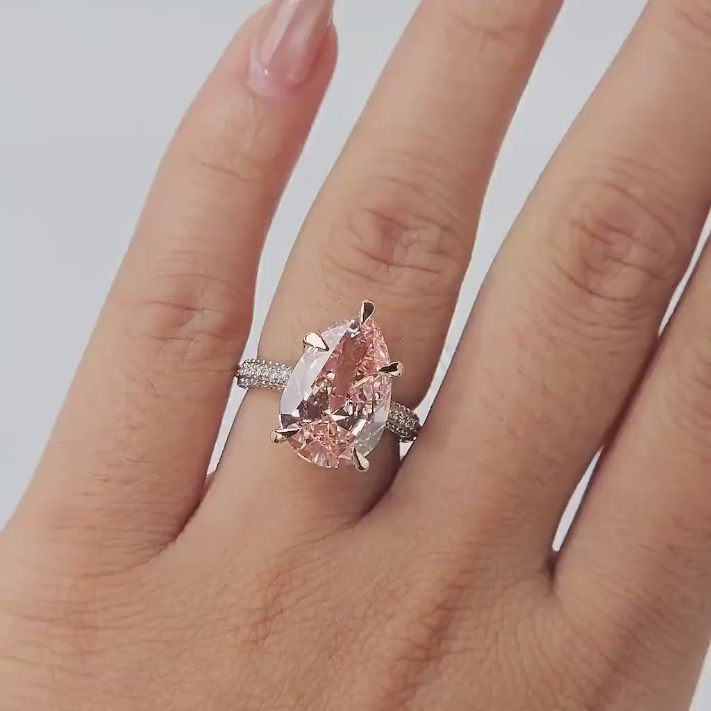 5.00 Ct Fancy Vivid Pink Pear Lab Grown Diamond Engagement Ring for Her, Fancy Color Pear Diamond Solitaire Wedding Ring, Art Deco Anniversary Ring