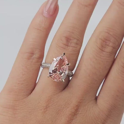 5.00 Ct Fancy Vivid Pink Pear Lab Grown Diamond Engagement Ring for Her, Fancy Color Pear Diamond Solitaire Wedding Ring, Art Deco Anniversary Ring