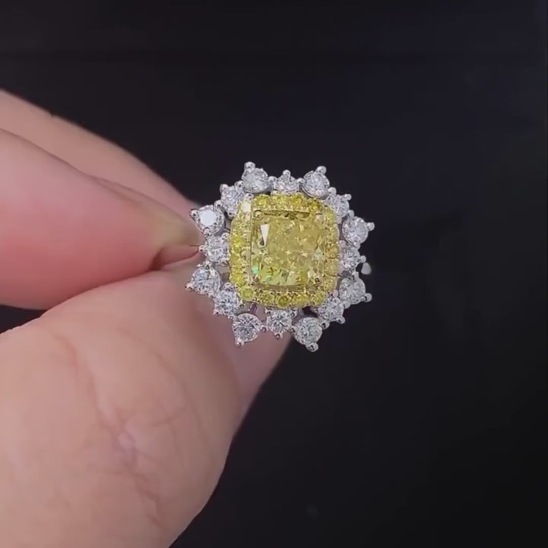 2.29TCW Cushion Cut Intense Yellow Lab Grown Diamond Double halo Engagement Ring