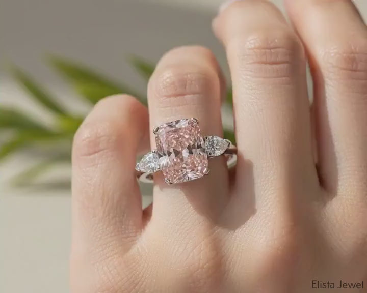 5.00 Ct Radiant Cut Intense Pink Lab-Grown Diamond Platinum Engagement Ring Side Pear Cut Three Stone Wedding Anniversary Ring
